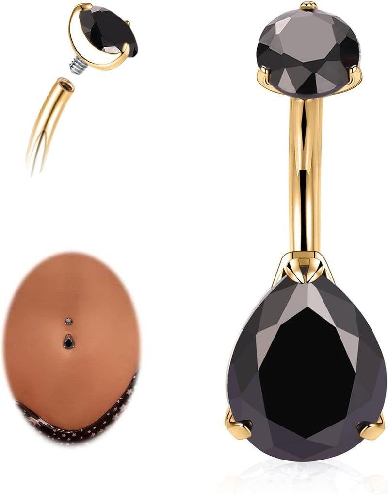AROWRO Store Gold Belly Button Ring G23 Titanium Hypoallergenic 14G belly ring for Women Men Teardrop Navel Piercing Jewelry 10mm Barbell With Cubic Zircon - Image 1
